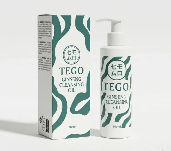 Tego Ginseng Cleansing Oil flaska och förpackning, minimalistisk design, hudvård